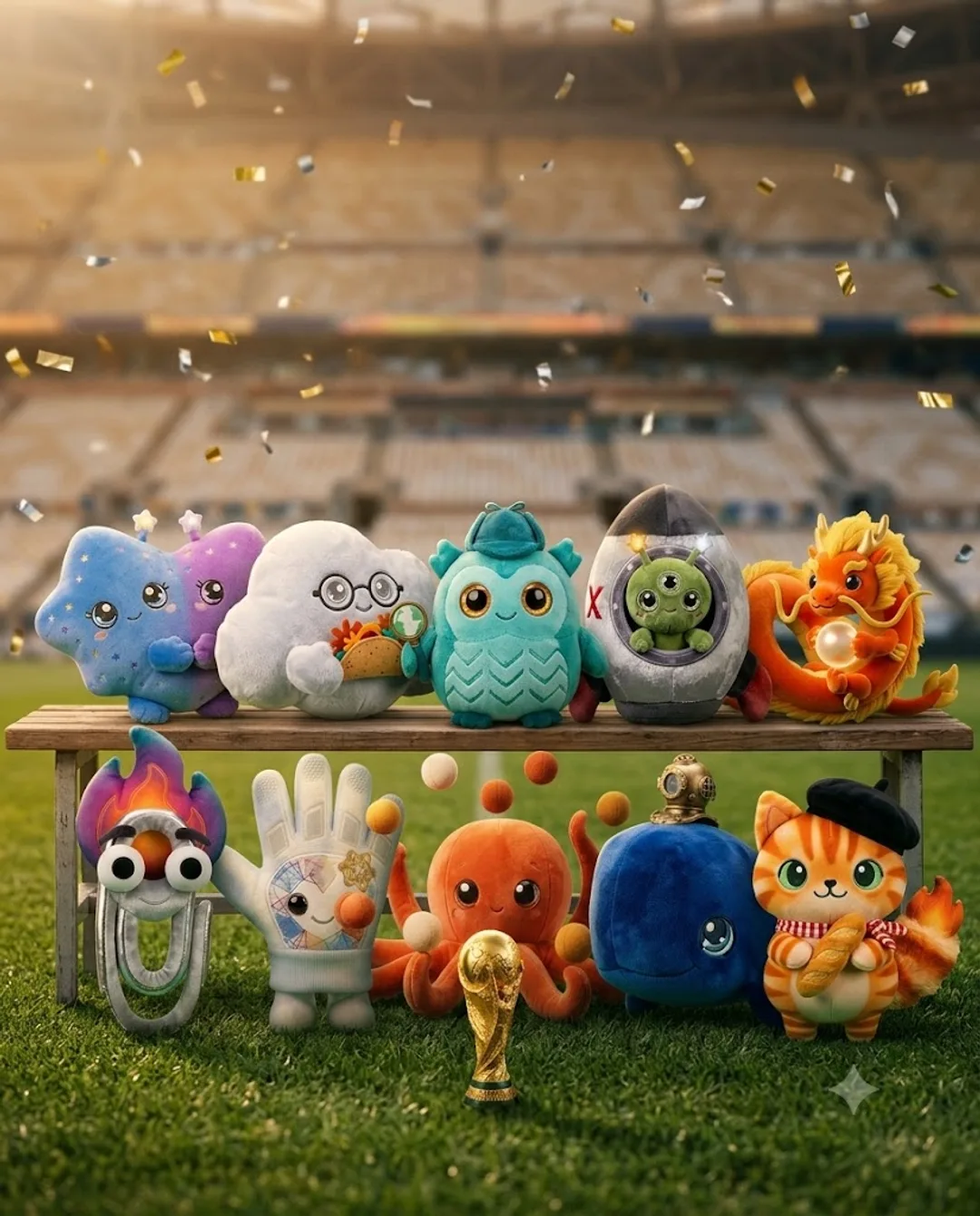The Serie A mascots pose for the official end-of-Cup photo, trophy front and center